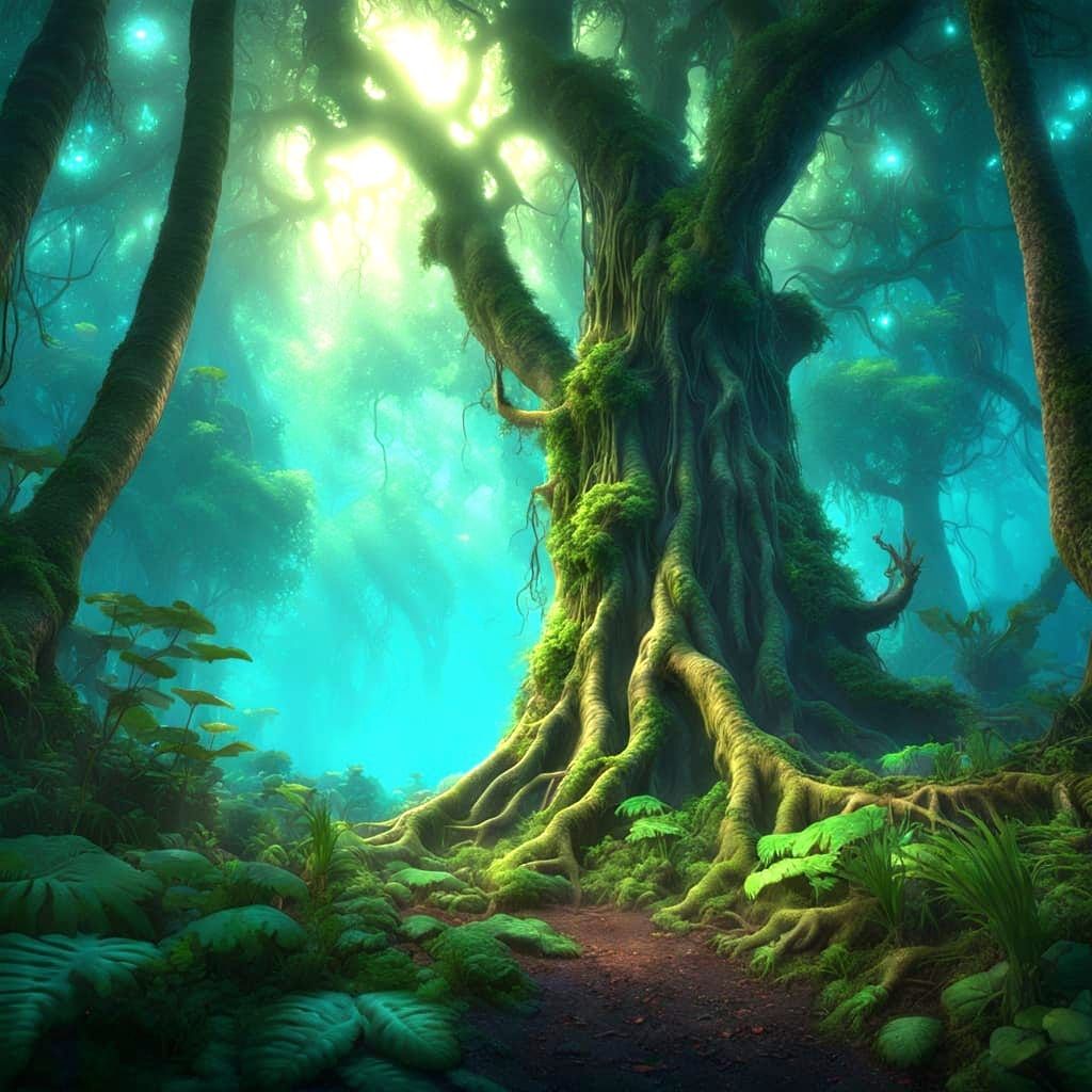 Bioluminescent Tree Roots Portal to Alien Jungle