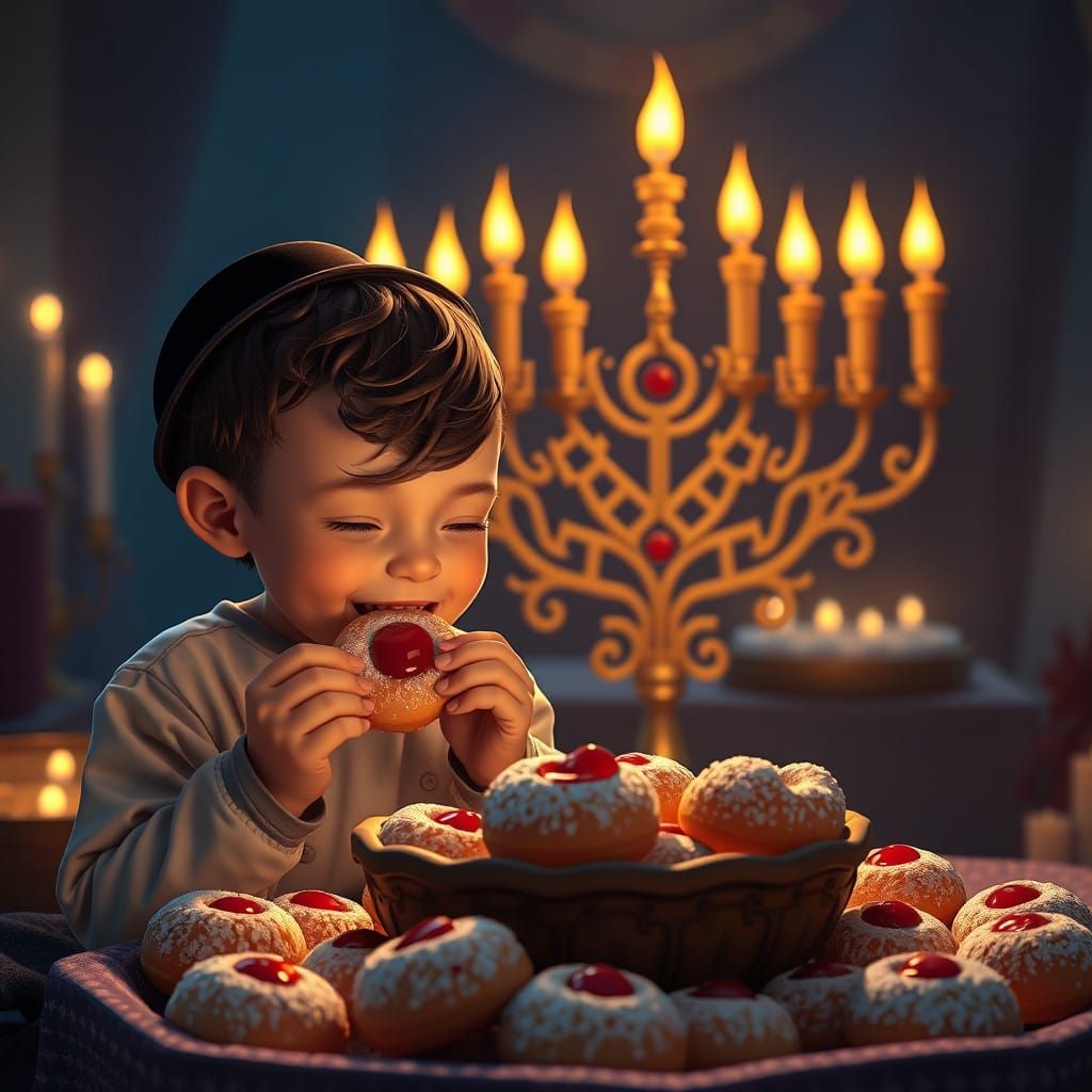 Joyful Hanukkah Scene in Vibrant Fantasy Colors