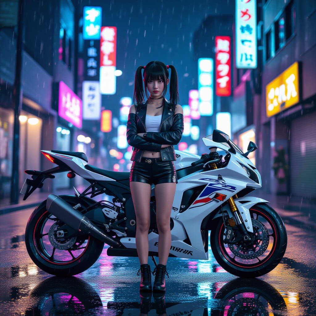 Young Woman with Sport Bike in Rainy City