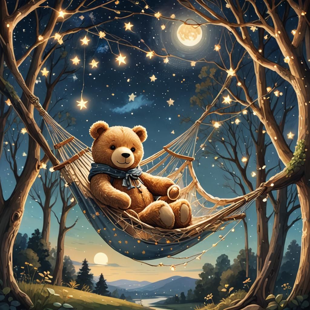 Teddy Bear in Hammock Under Starry Sky