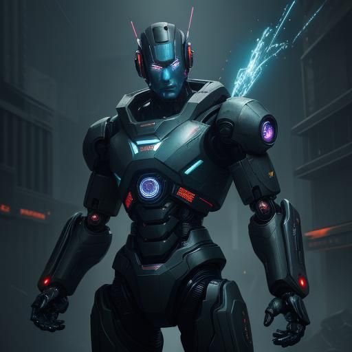 Cyberpunk Android Robot with Electric Rocket Fist