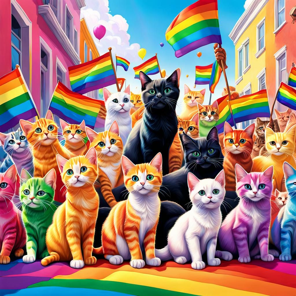 Festive Pride Parade with Cats in Hyperrealistic Style