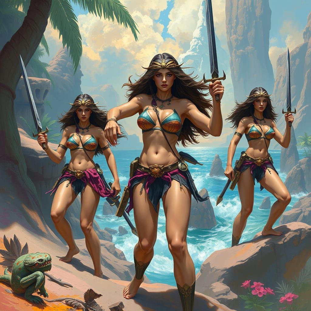 Amazon Warriors in Alien Landscapes: Dynamic Art