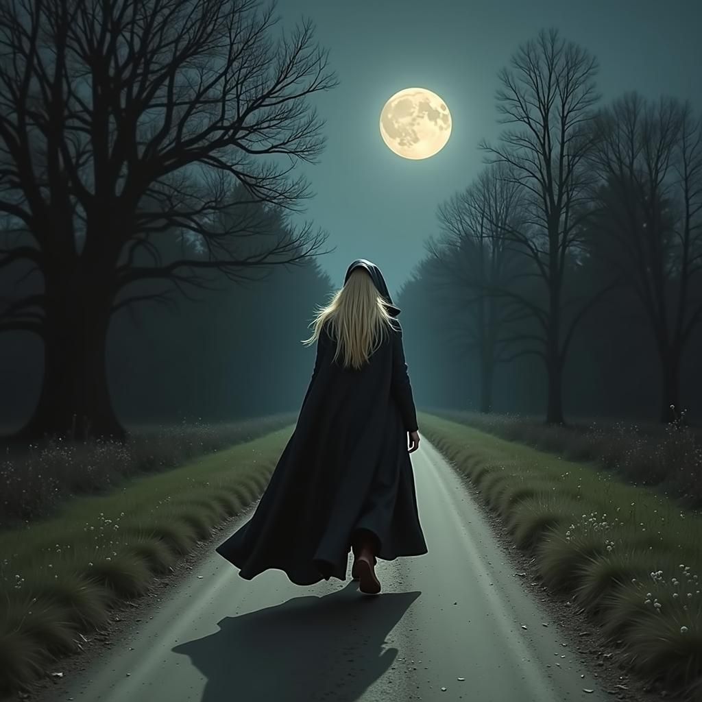 Woman in Cloak on Moonlit Road, Noir Impressionism