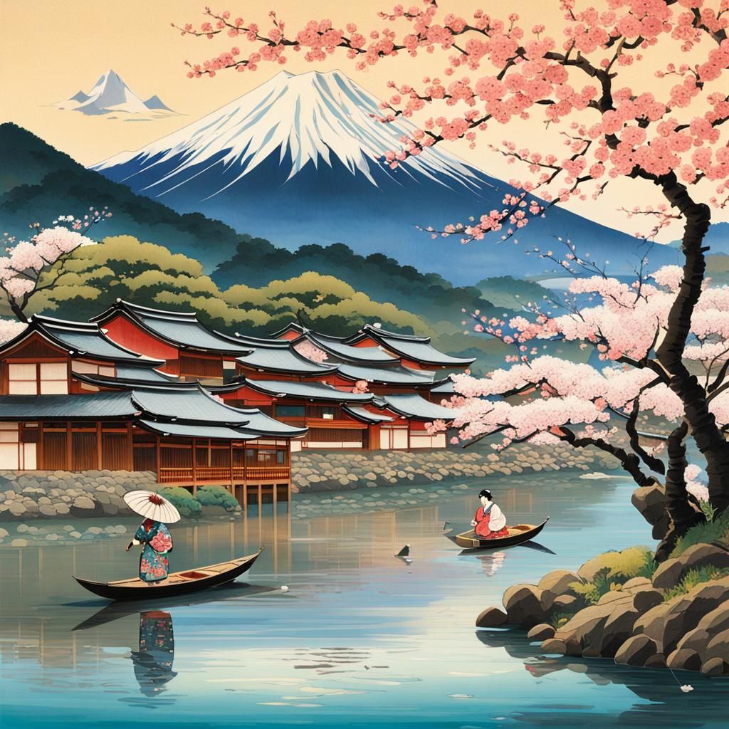 Edo-Period Japanese Village with Cherry Blossoms, Ukiyo-e Pr...