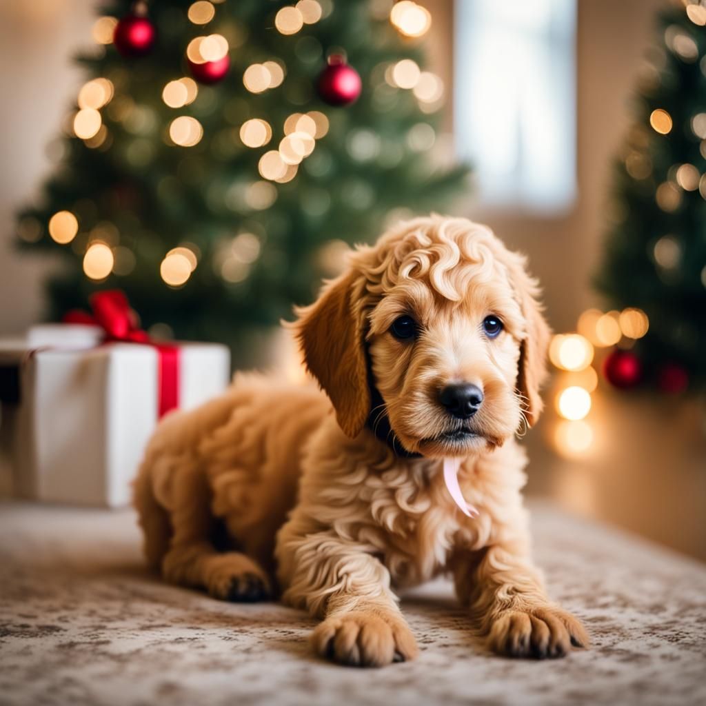 Cute small golden doodle puppy in front of a Christmas tree