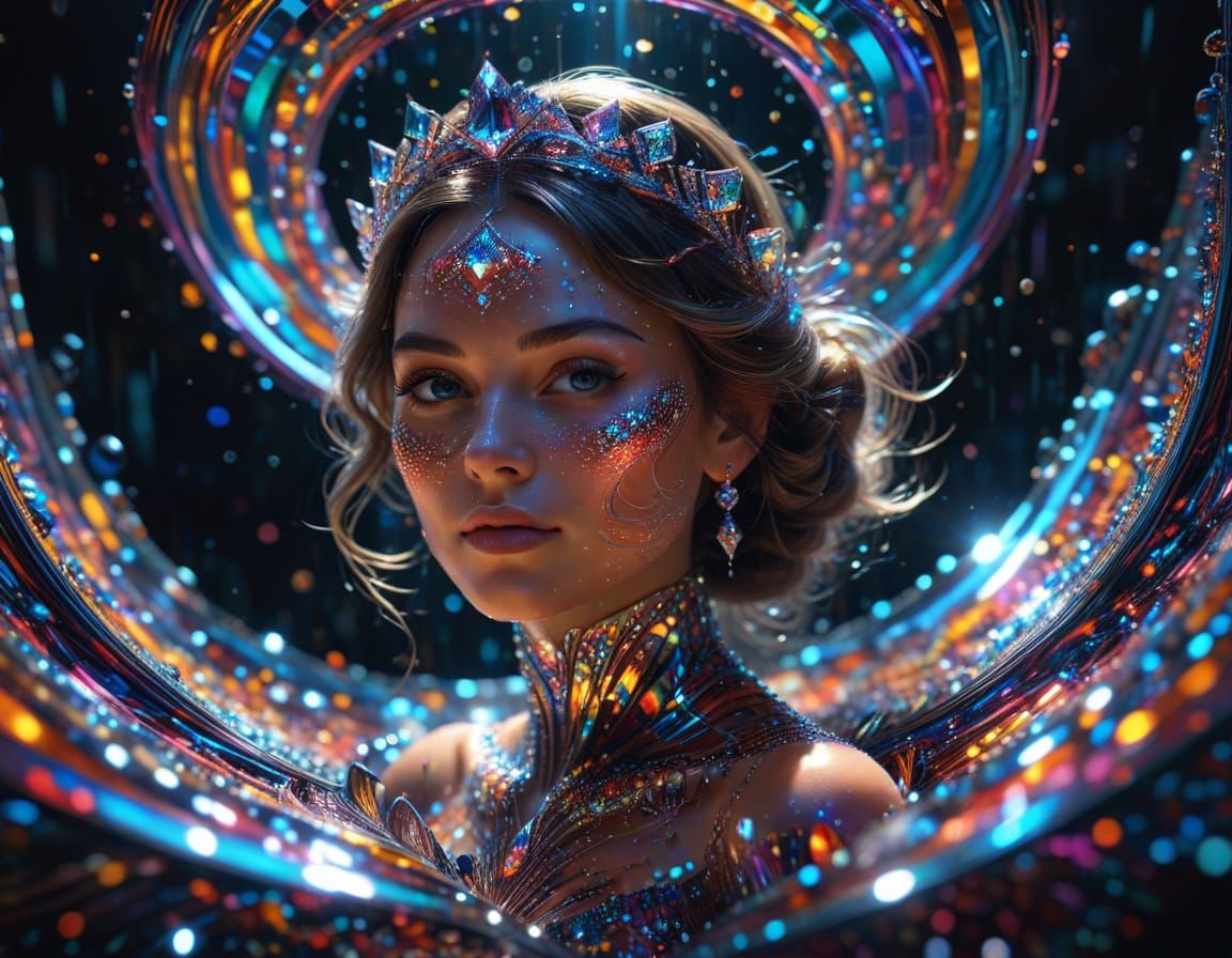 Vibrant Princess Reflected in a Maze of Shimmering Diamonds