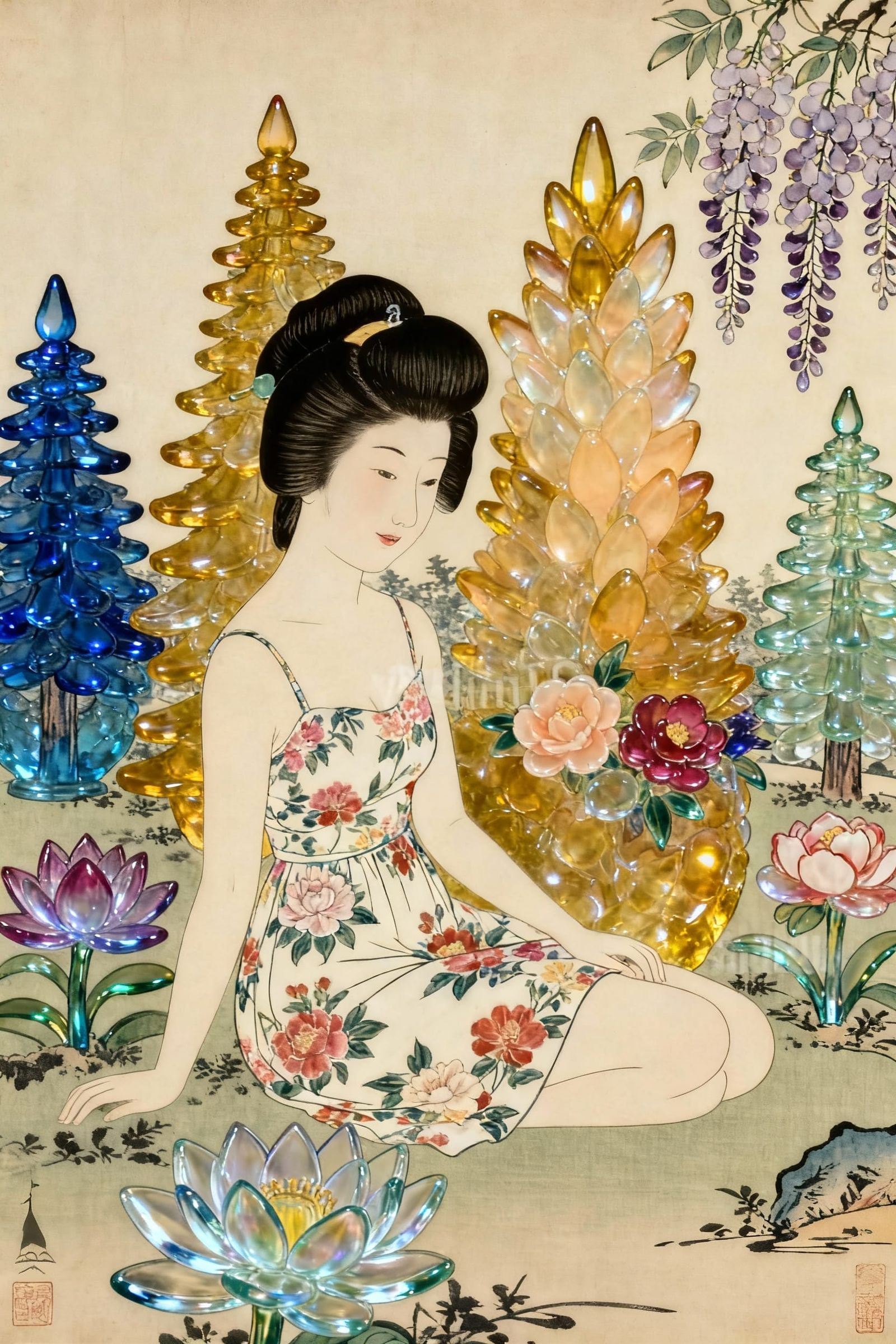 Japanese Woman in Glass Garden, Ukiyo-e Inspired