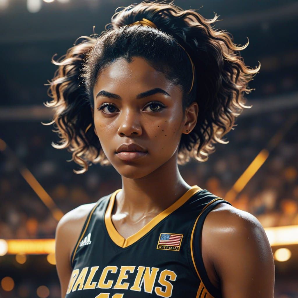 African American College Girl in Black and Gold Basketball J...