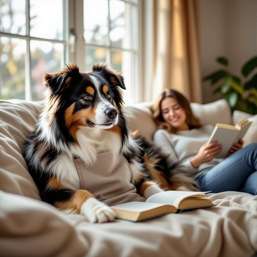 Fluffy Border Collie Dreams of Housework in Cozy Home