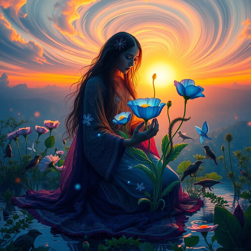 Cosmic Dreamscape of Bohemian Mystic with Blue Poppy