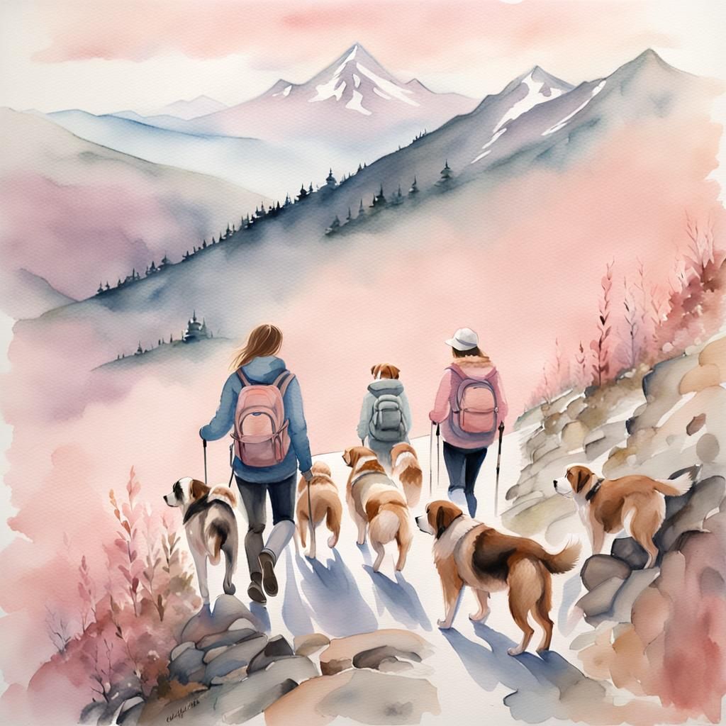 Women Hiking with St. Bernards in Watercolor Style