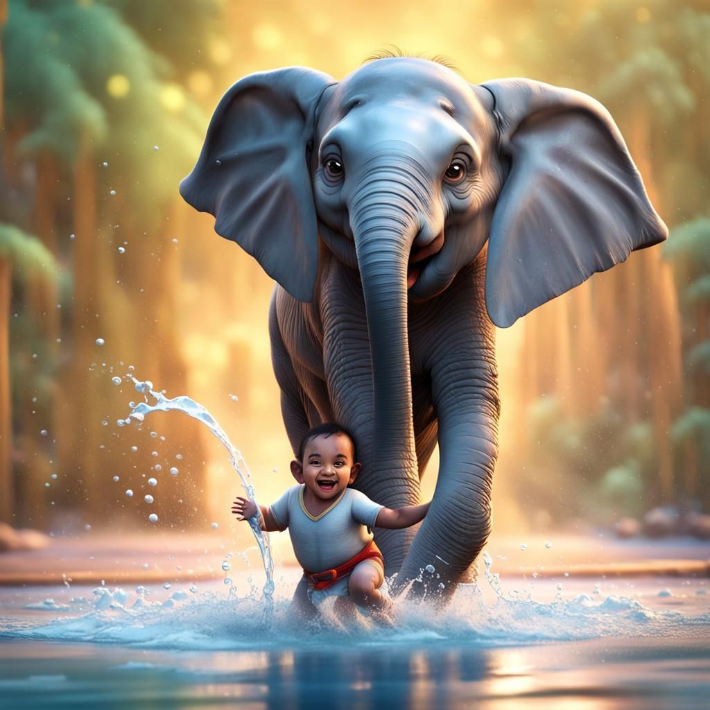 Baby Elephant and Child: Funny 3D Digital Art