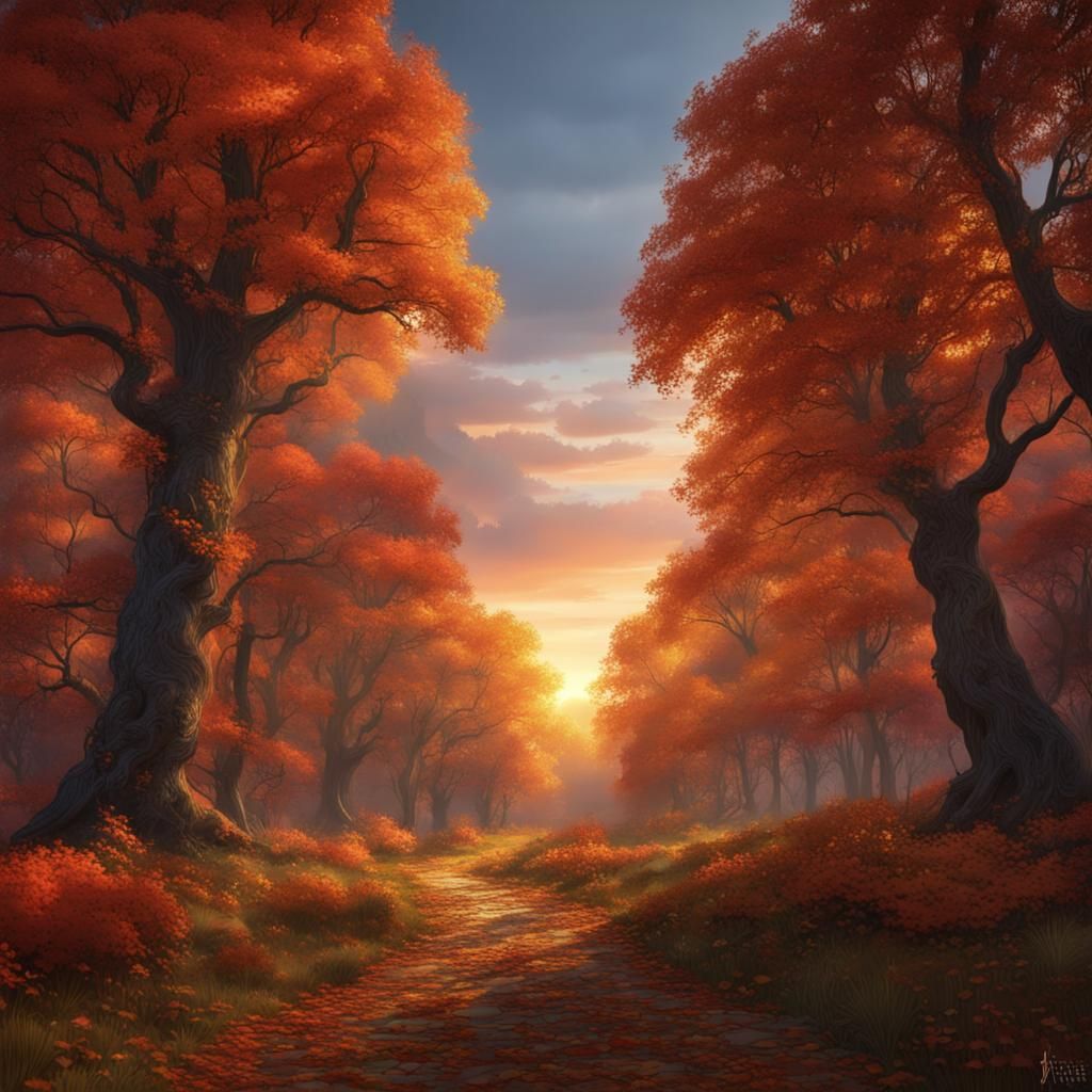 Autumn Sunset Walk Through Forest: Detailed Matte Painting