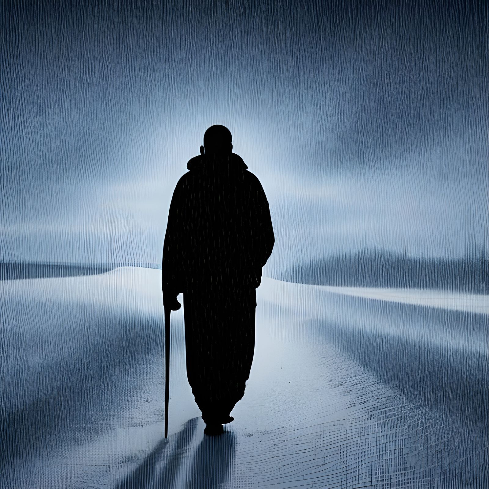 Monk Silhouette in Snow: Synthwave Neon Art