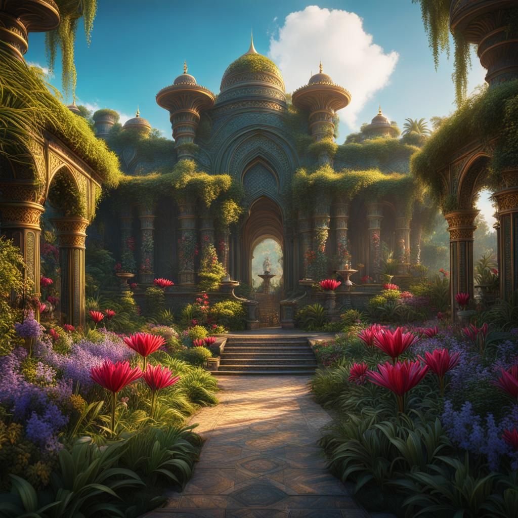Vibrant Semiramis' Garden: Detailed Fantasy Art