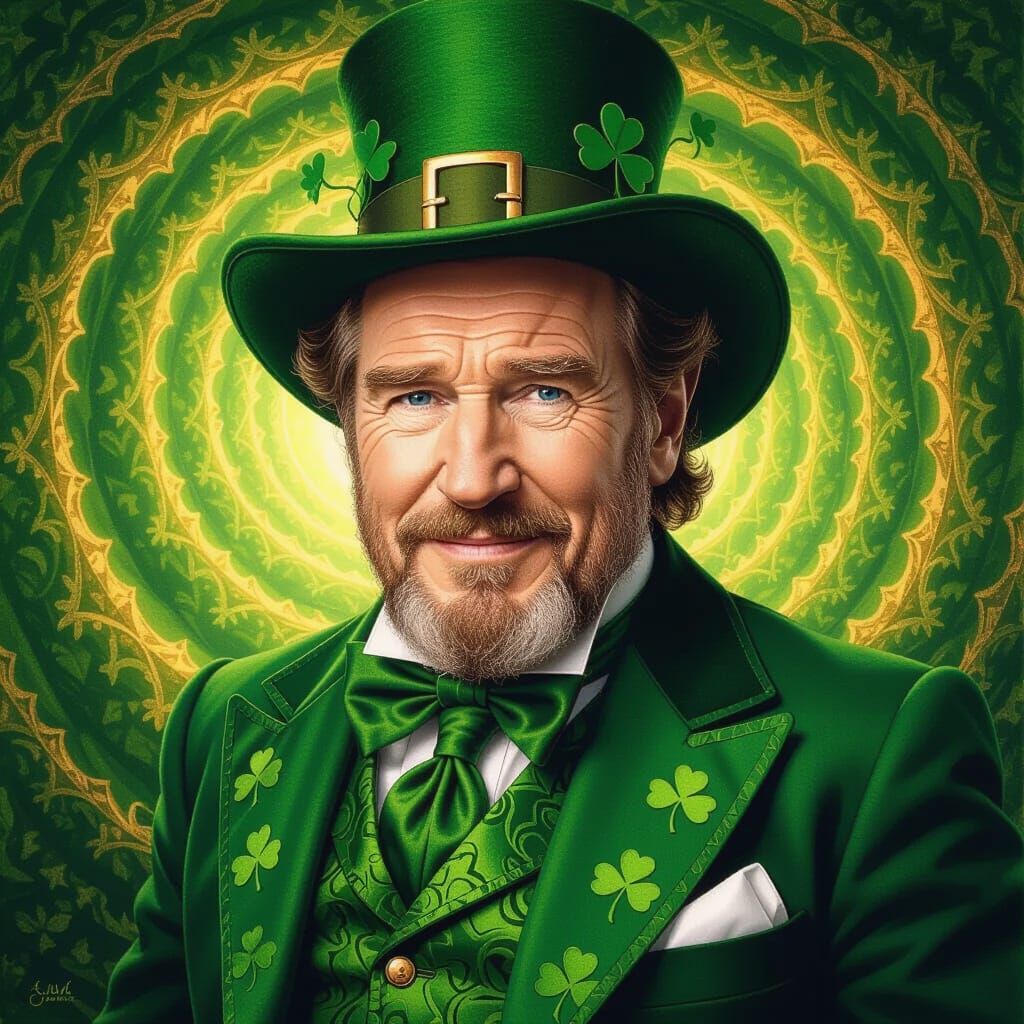 Leprechaun Portrait with Emerald and Gold Vortex