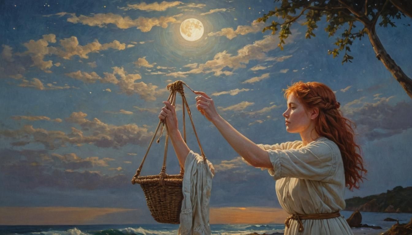 Redhead Weaving Macramé Basket Under Moonlight as Oil Painti...