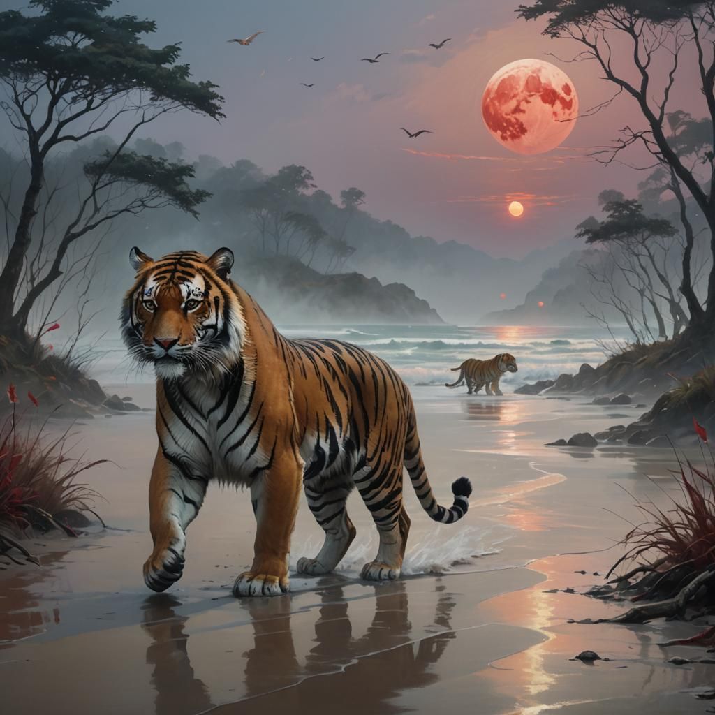 Tiger on Foggy Beach with Red Moon in Fantasy Art