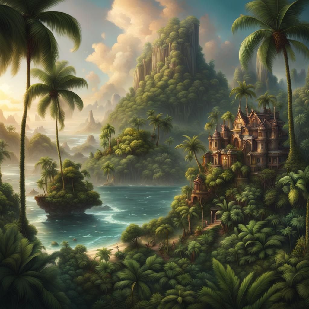 Lush Tropical Island Wildlife in Digital Painting Style