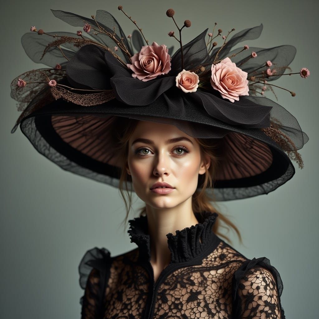 Exquisite, intricately designed, flowing, hat crafted by Sta...