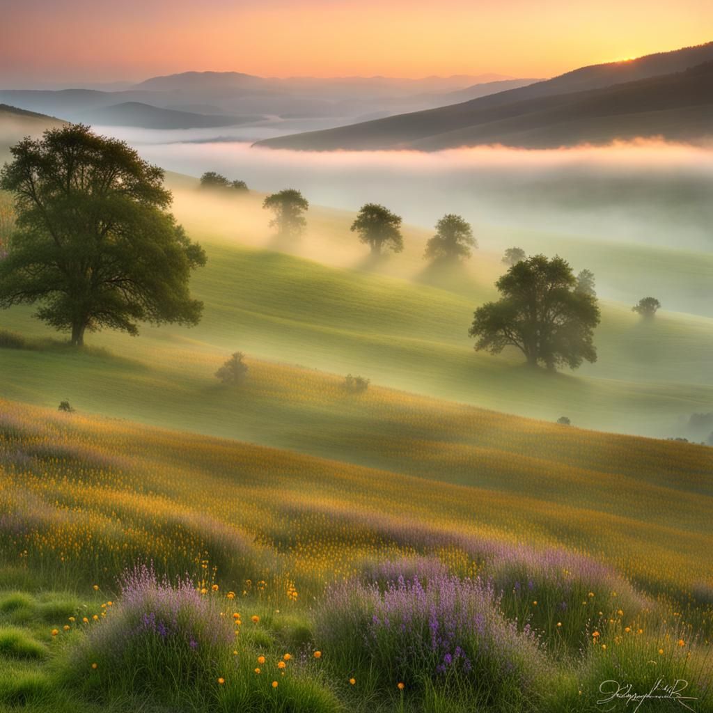 Mystical Landscape with Glowing Flowers in HDR