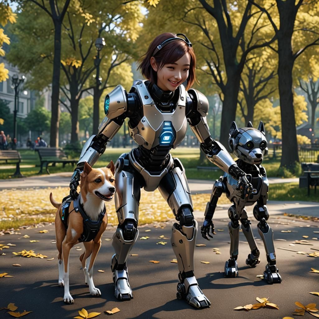 Robot Dog Plays in Park: Steampunk 3D Render