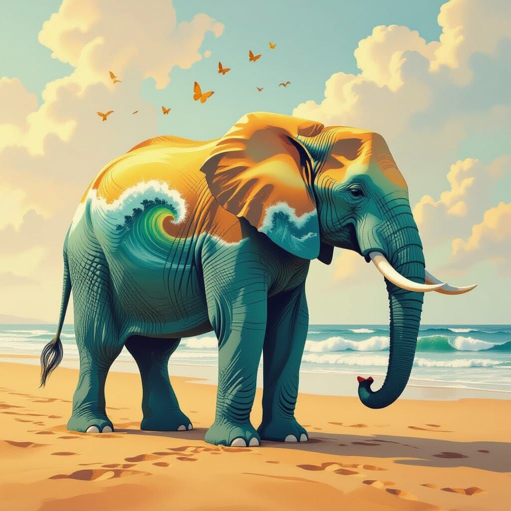 Elephant Silhouette with Desert Dunes and Ocean Waves in Gou...