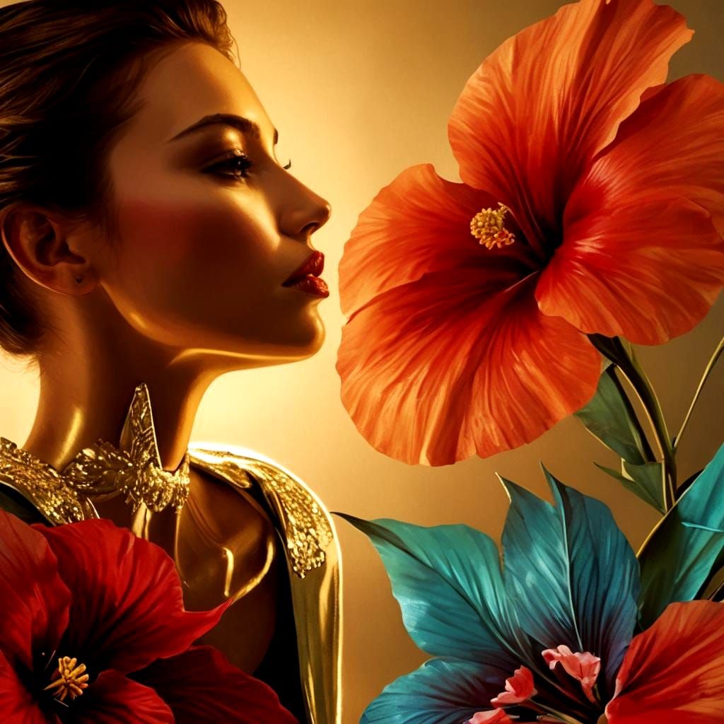 Metallic Woman Gazing at Flower in Opulent Setting