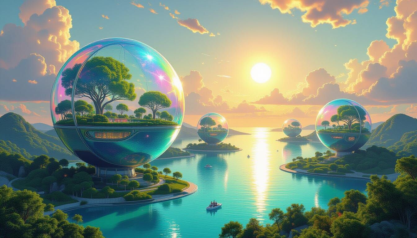 Dyson Swarm Habitats in Dreamlike Sci-Fi Style