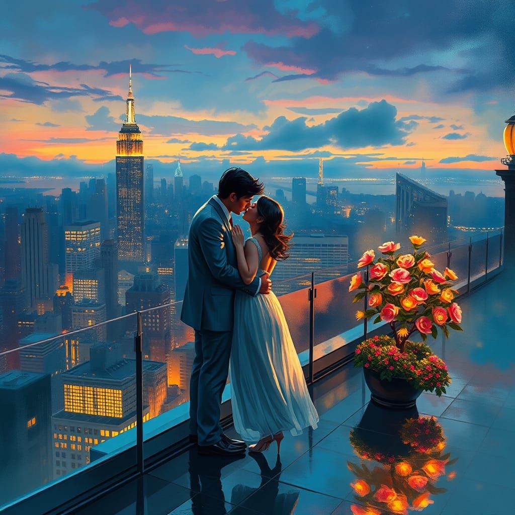 Rooftop Kiss: Manhattan Skyline in Pastel Colors