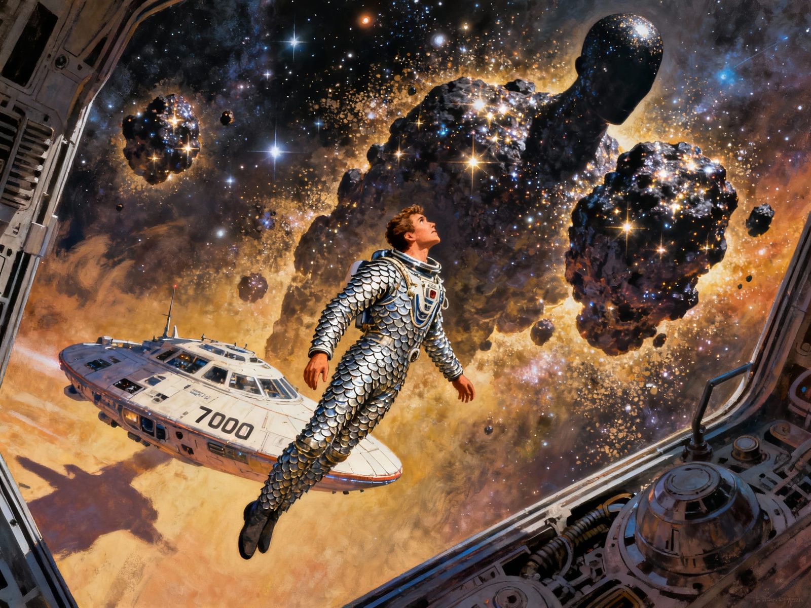 Cosmic Giants Pass Solitary Spaceship Captain in Romantic Pu...