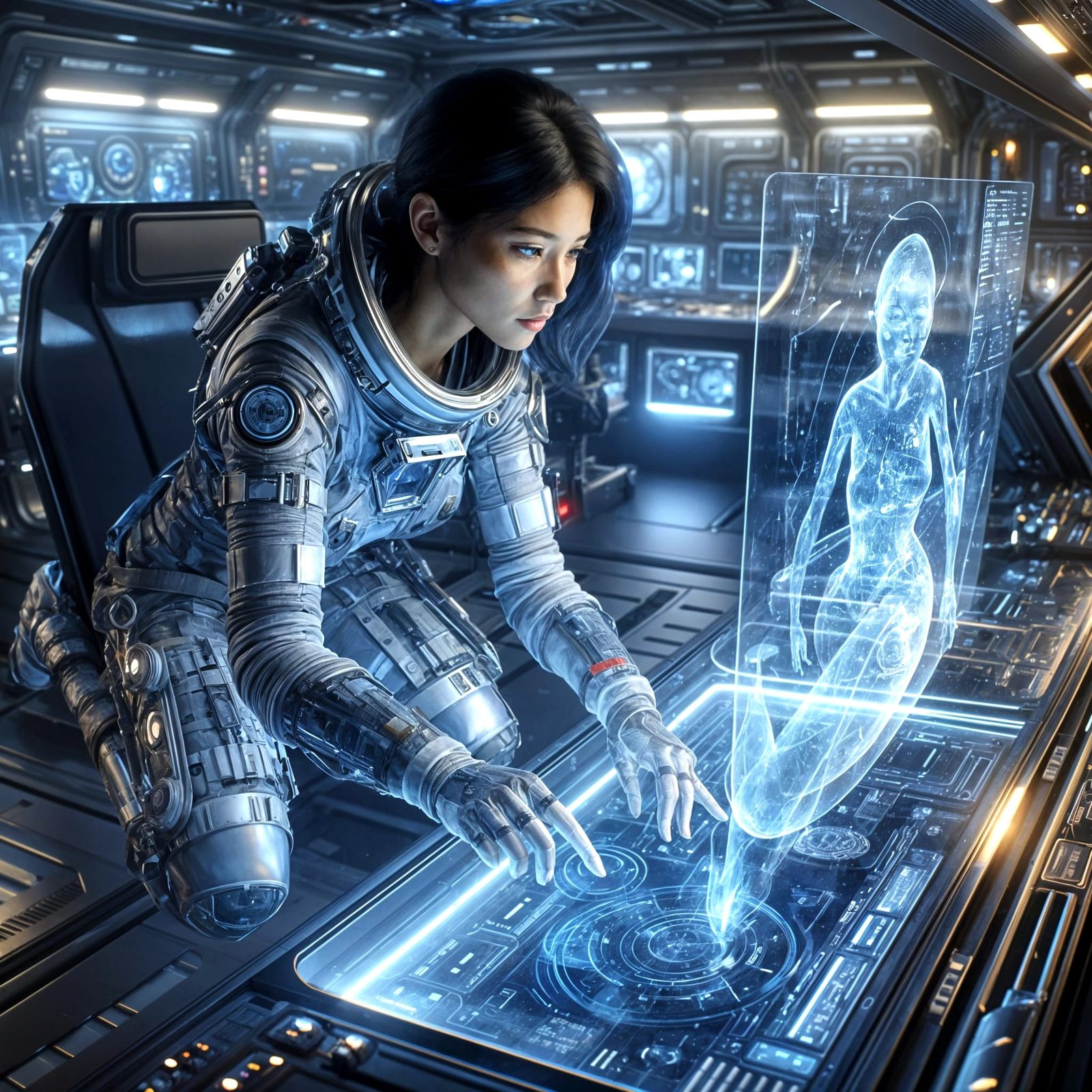 South Asian Astronaut Floats in Futuristic Spaceship Lab