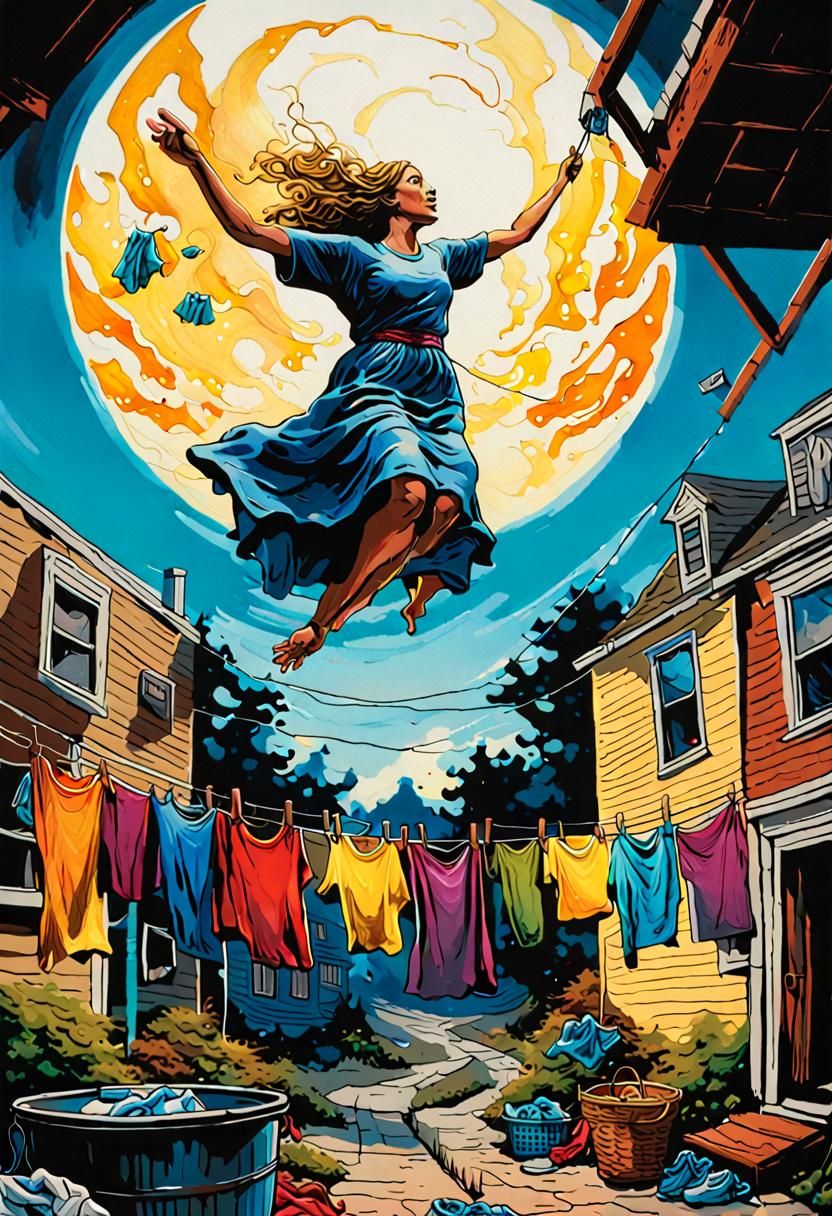Flying Women Hanging Laundry: Hyperrealistic Concept Art