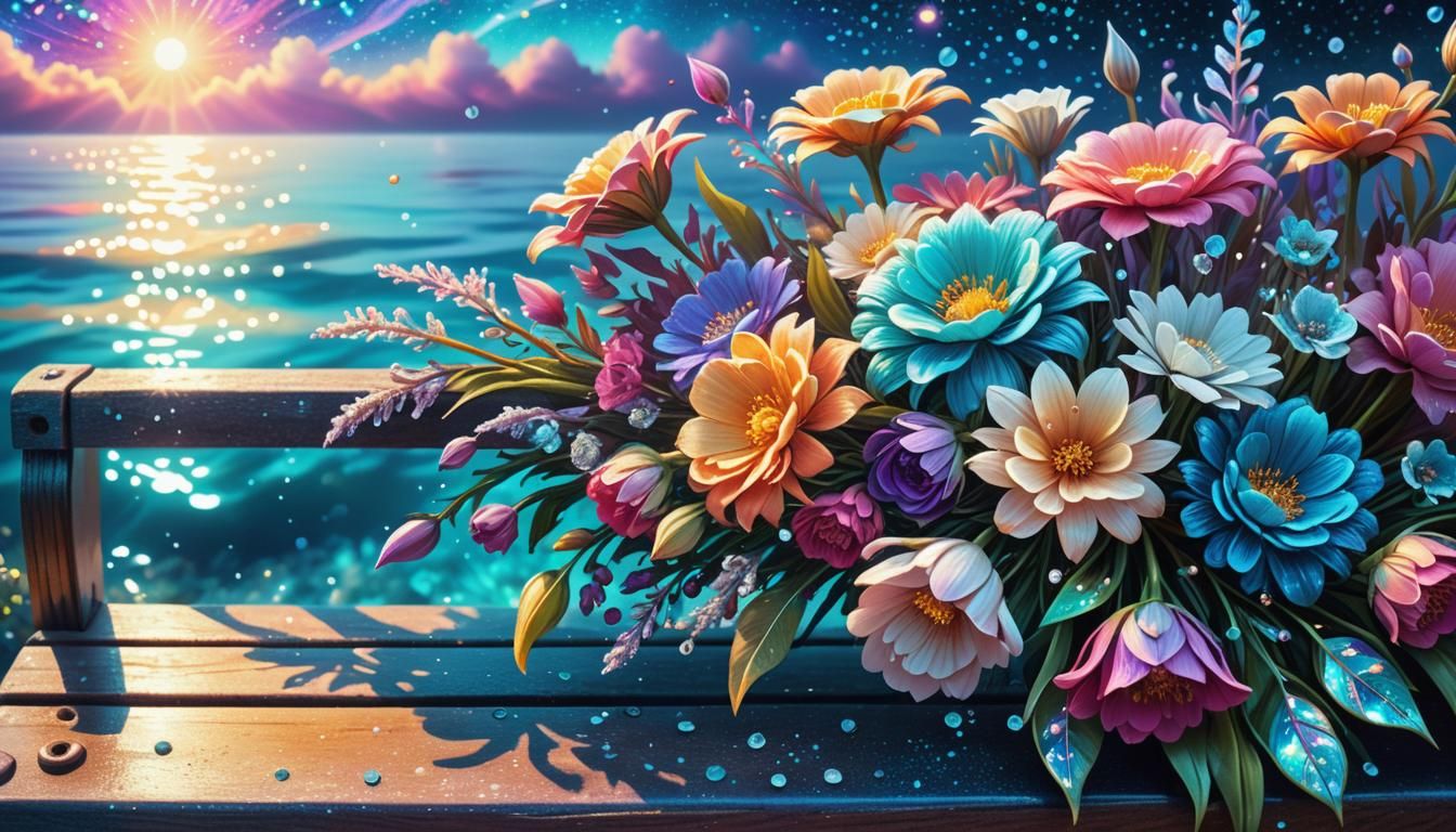 Vibrant Bouquet Blooms on Seaside Bench in Cosmic Style