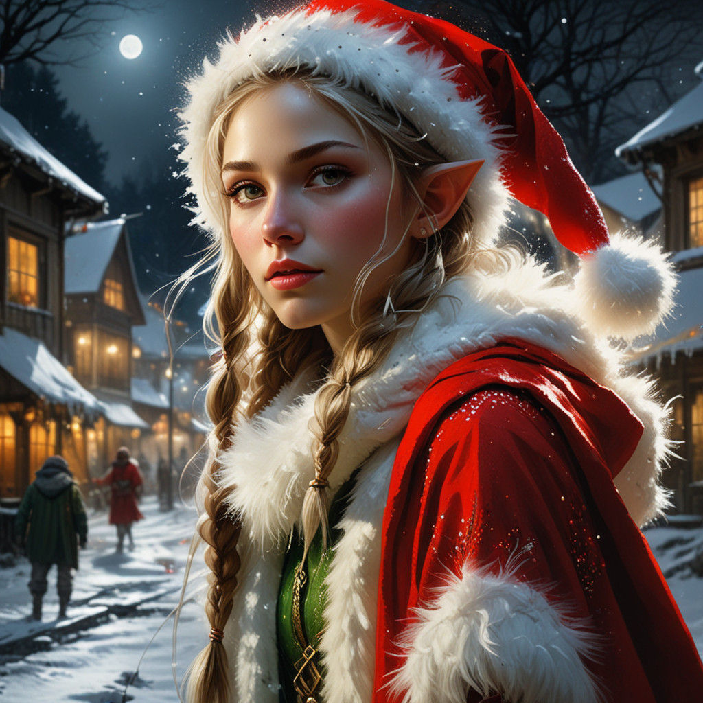 Magical Elf Woman in Moonlit Santa Attire