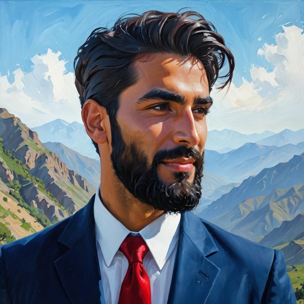 Handsome Man in Blue Suit, Expressionist Oil Painting
