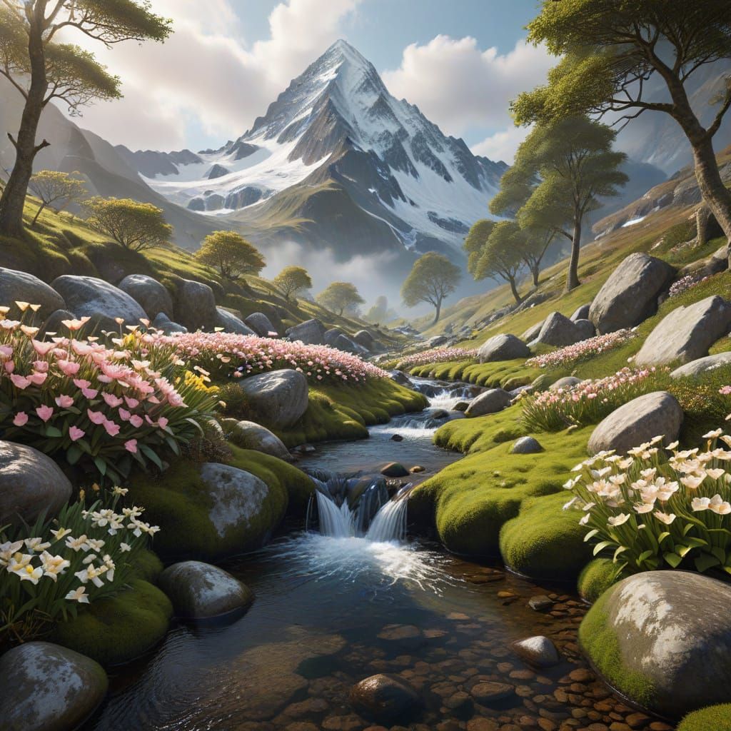 Tranquil Valley Stream Leading to Snowy Peaks