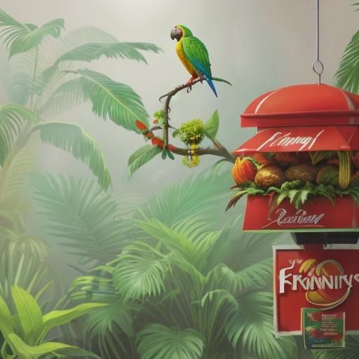 Parrots in Jungle with Fast Food Elements