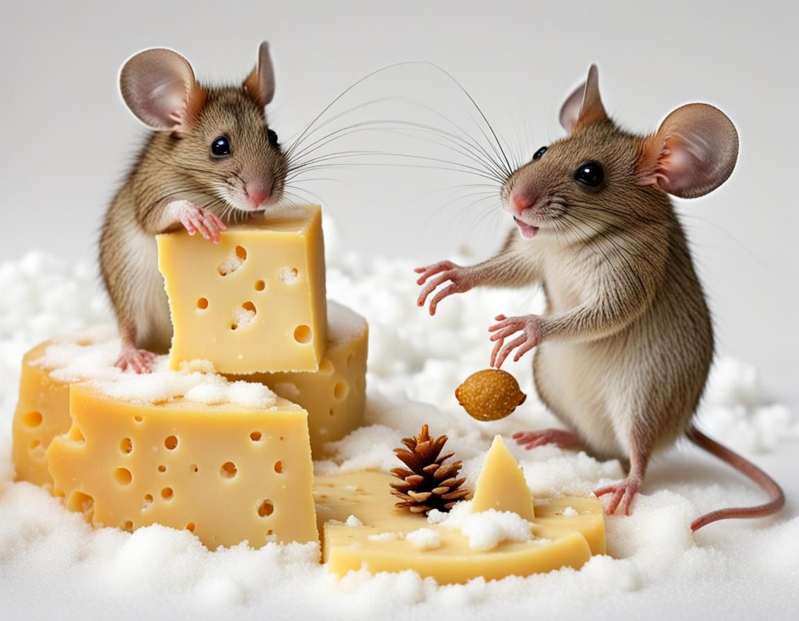 Mice Build Cheese Christmas Tree in Snow