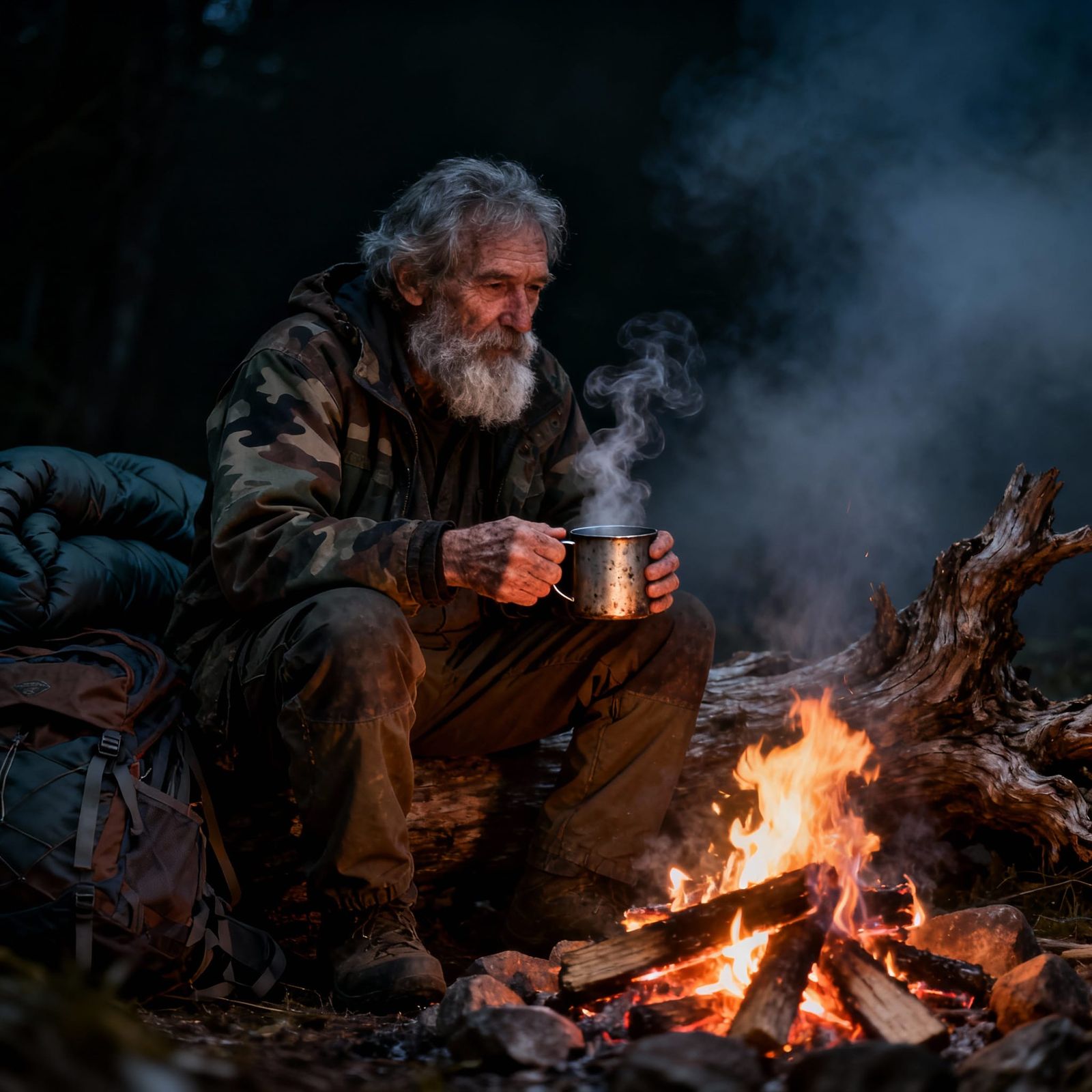 Elderly Man by Campfire in Dramatic Night Scene