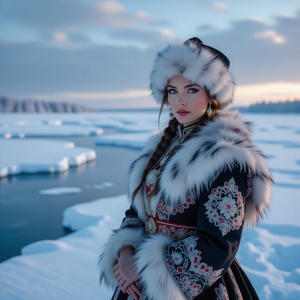 Woman in Russian Dress on Frozen Lake