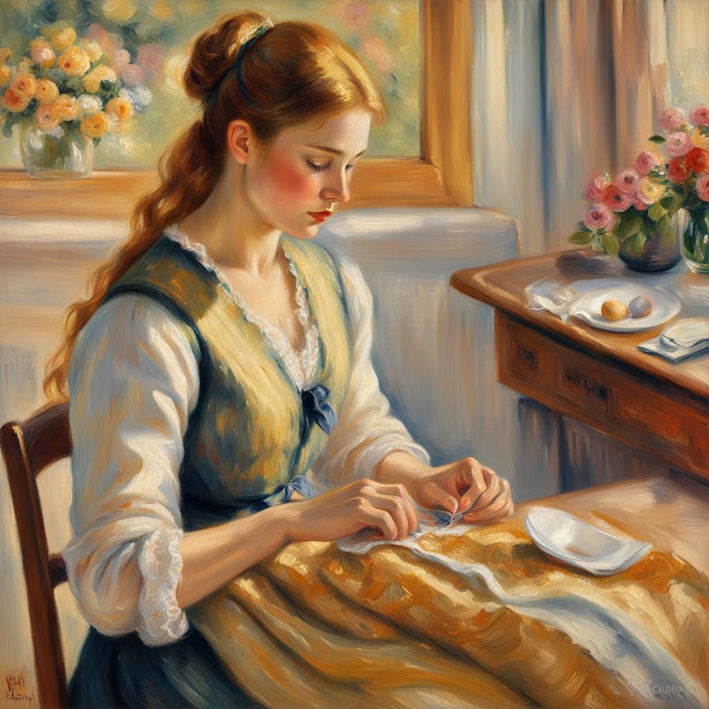 Young Woman Sewing in Impressionist Oil Painting