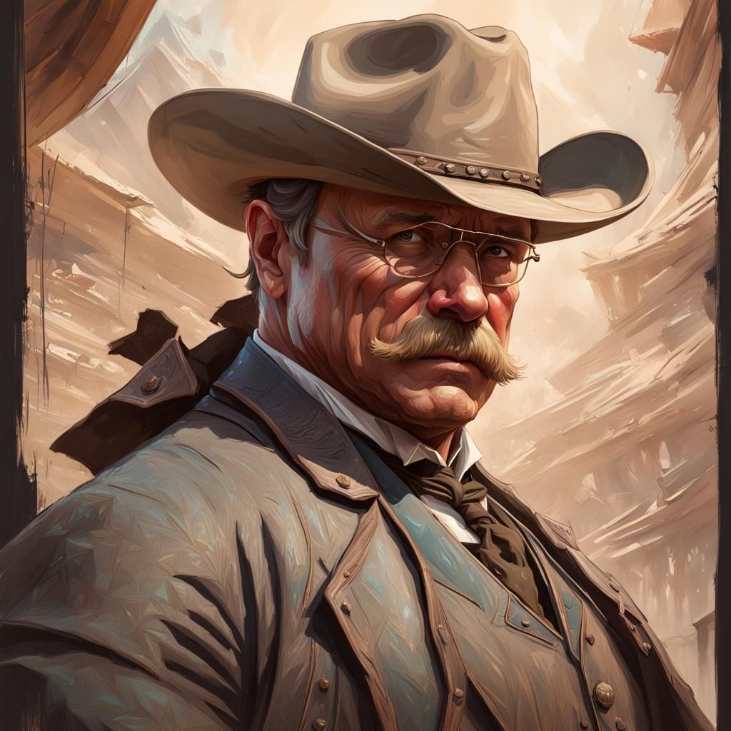 Theodore Roosevelt Portrait in Hyperdetailed Cowboy Style