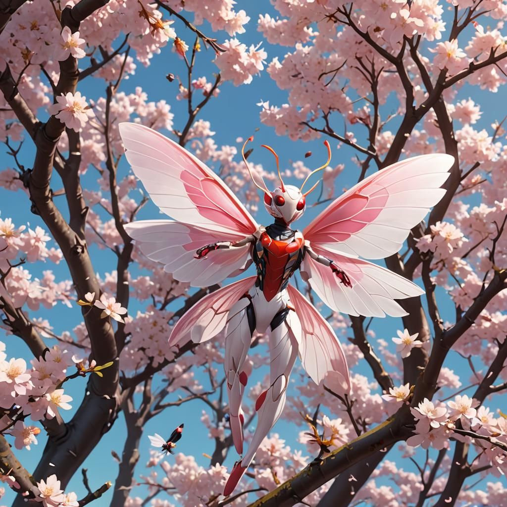 Anime Hybrid: Moth-Spider Character in Cherry Blossoms
