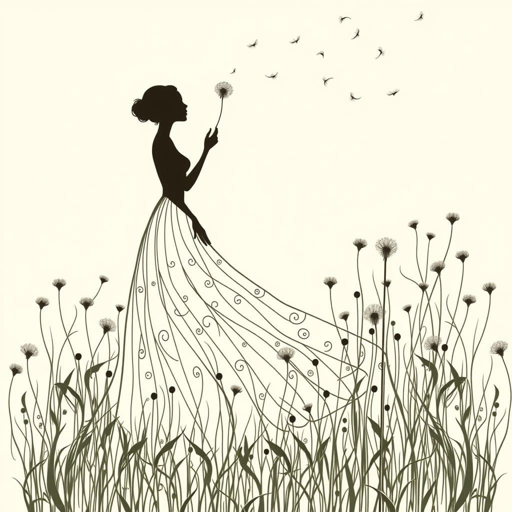 Surreal Woman in Monochromatic Floral Landscape
