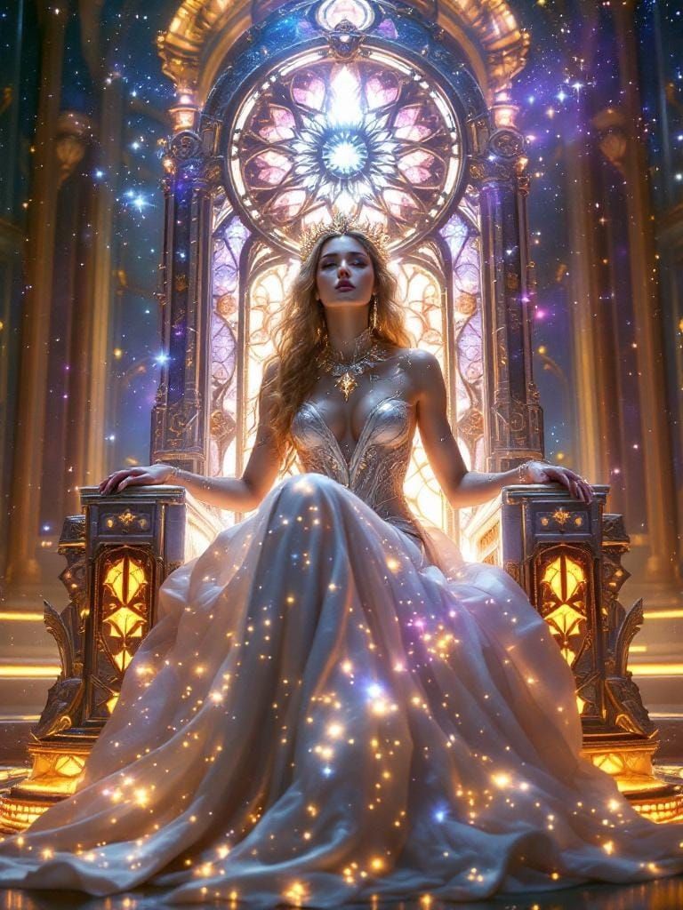 Celestial Empress on Cosmic Throne in Photorealistic Style