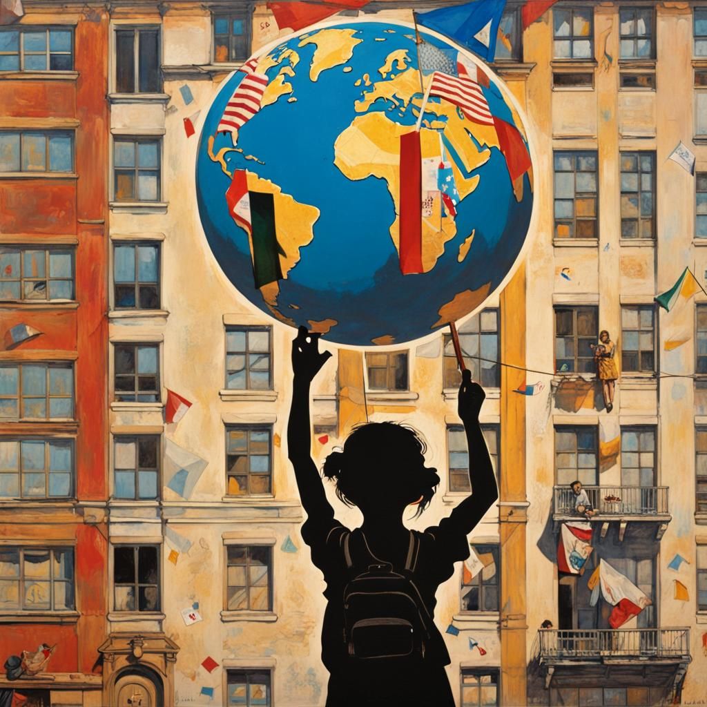 Art by Norman Rockwell, Toulouse-Lautrec, street art mural of a young girl lifting a globe, symbolizing youth empowermen...