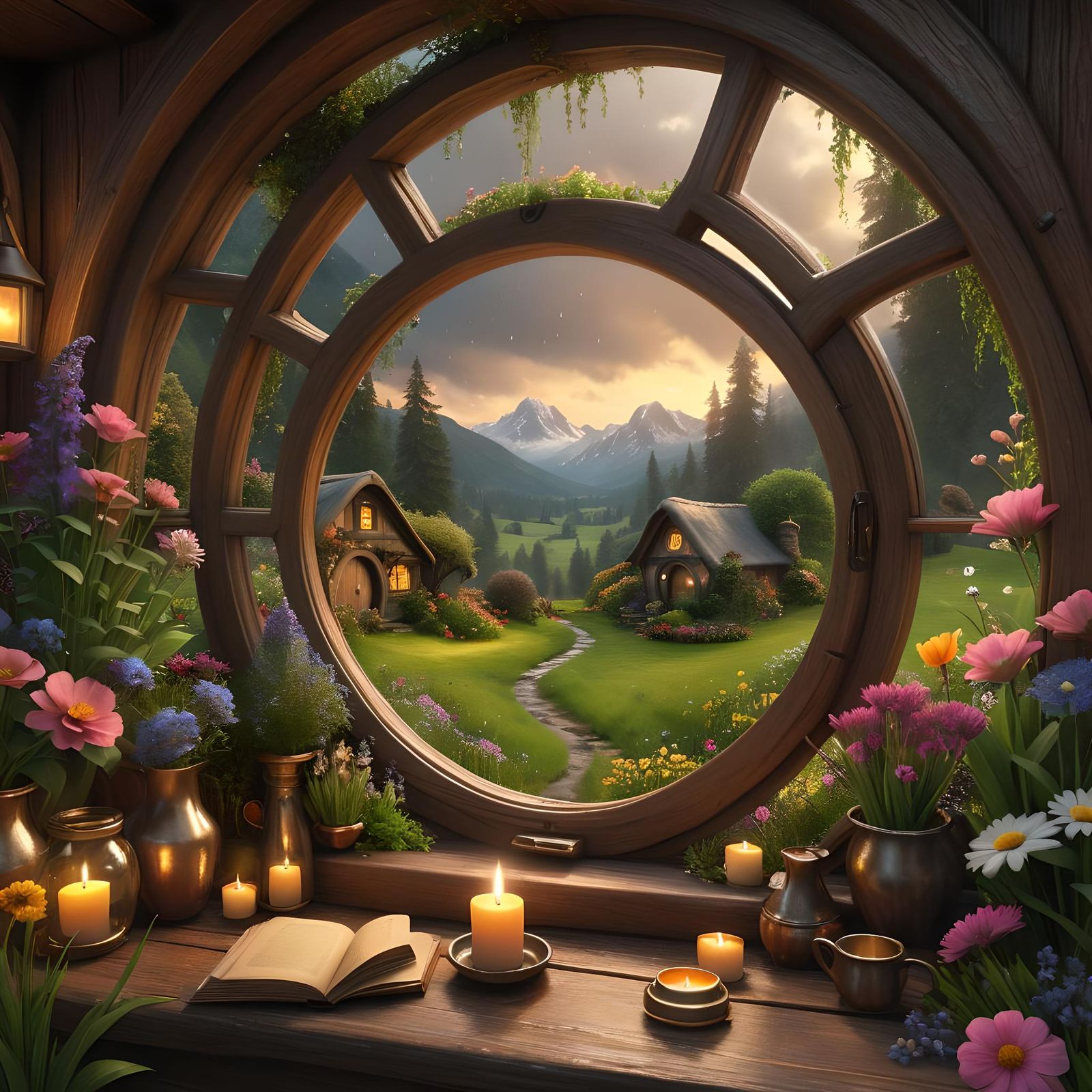 Cozy Hobbit Home Window View in Oil Painting