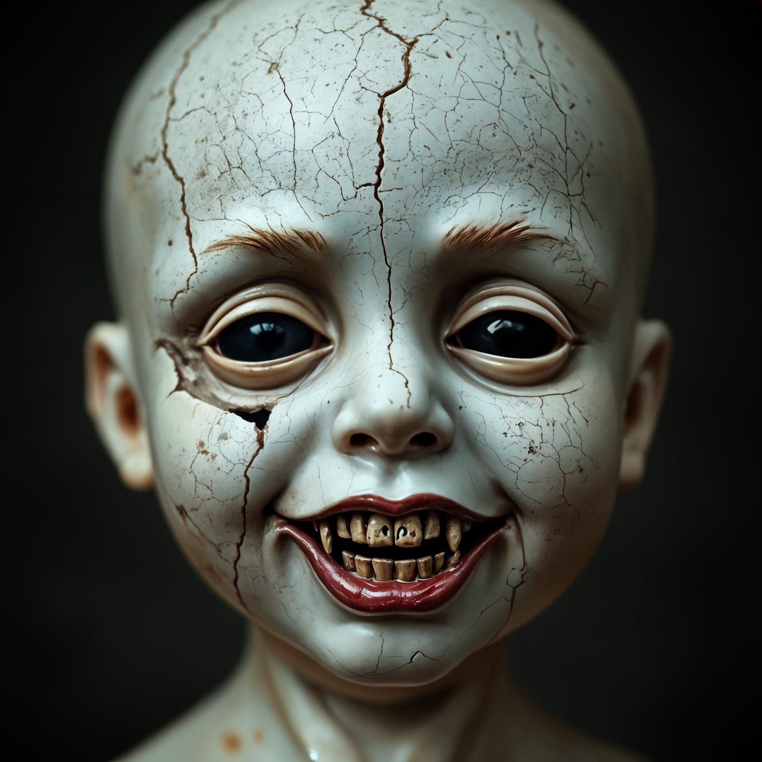 Eerily Cracked Porcelain Doll with Shadowed Eyes